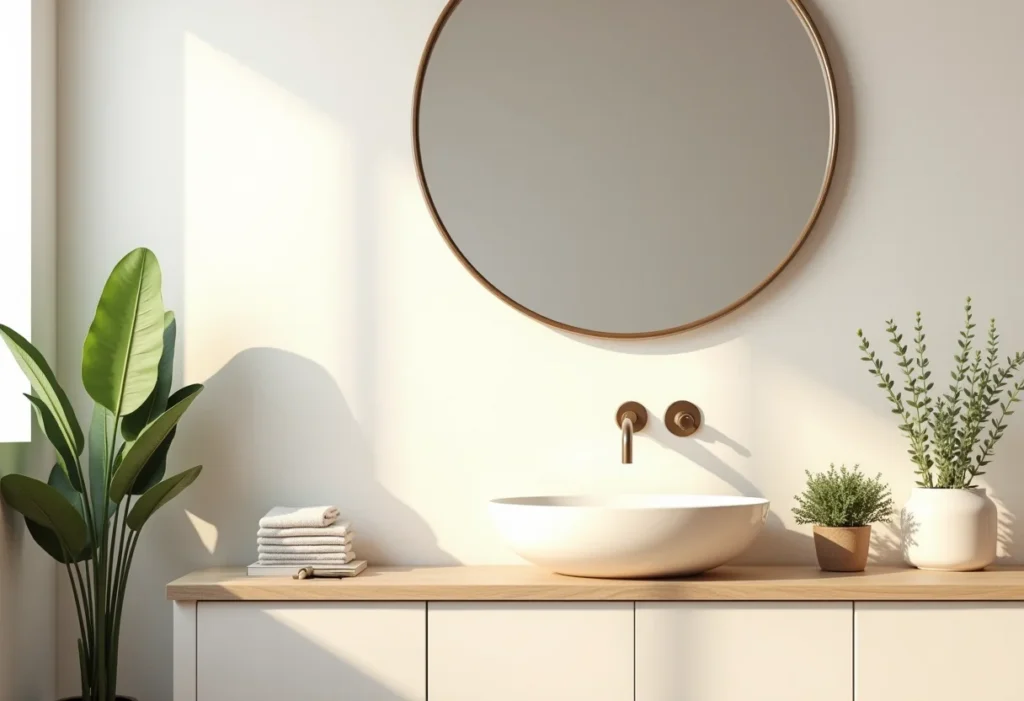 Banheiro moderno com espelho redondo, iluminação natural e toques de verde