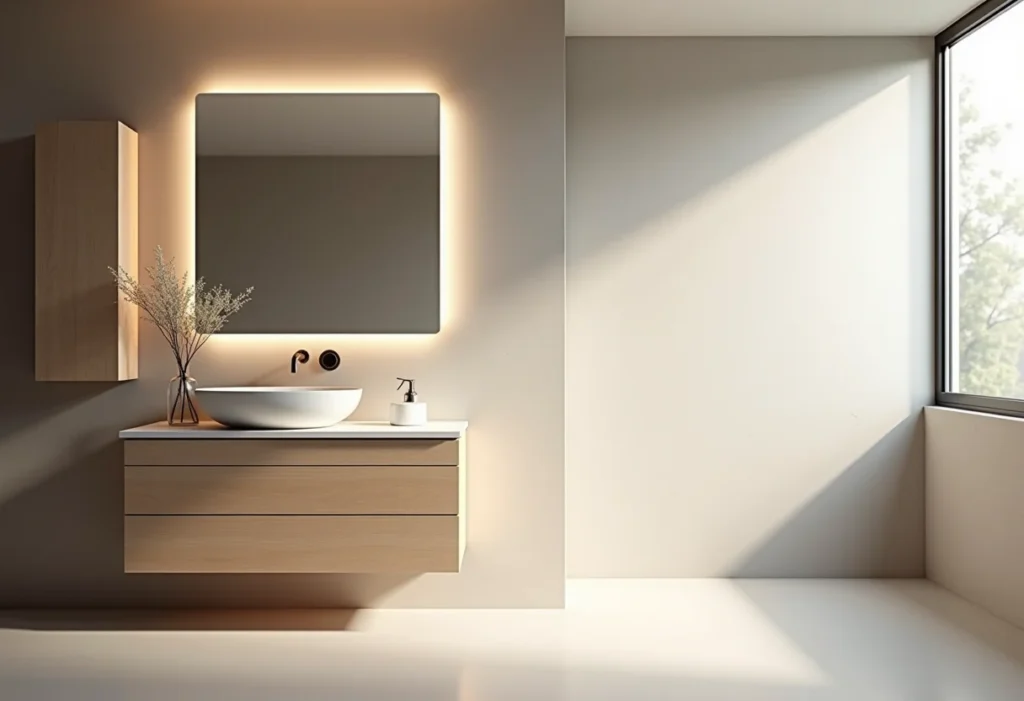 Banheiro moderno com gabinete e cuba sobreposta