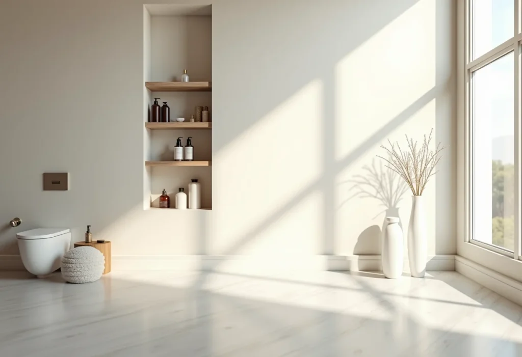 Nicho no banheiro: o segredo para um espaço organizado e moderno Banheiro moderno com nicho embutido e iluminação suave