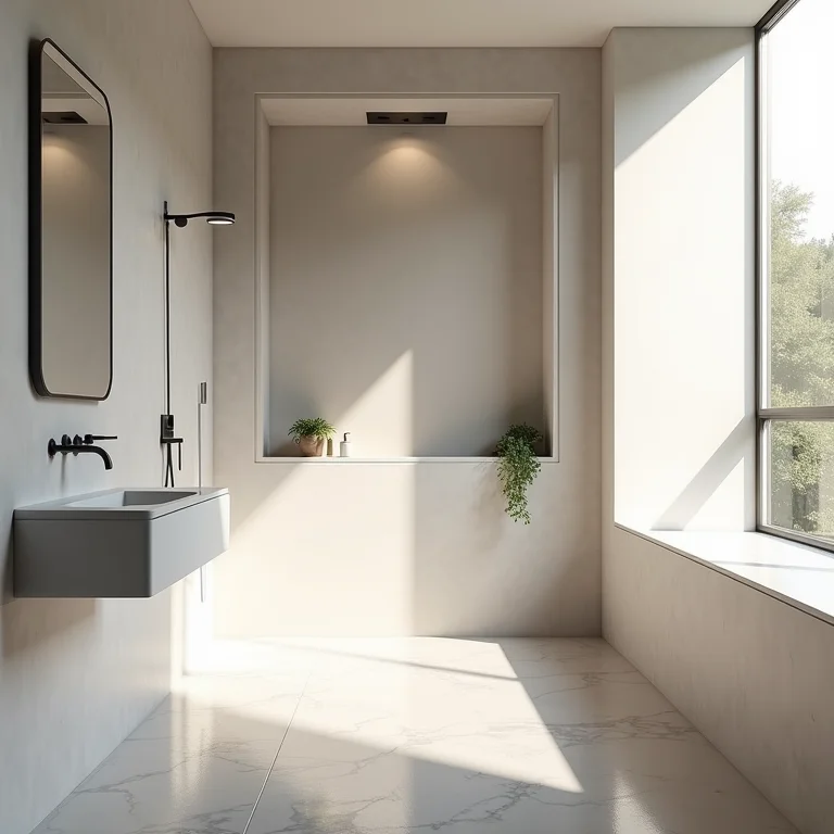 Banheiro moderno com nicho embutido para shampoo