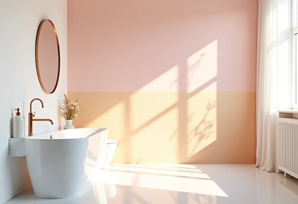 Banheiro moderno com pintura setorizada em tons pastel