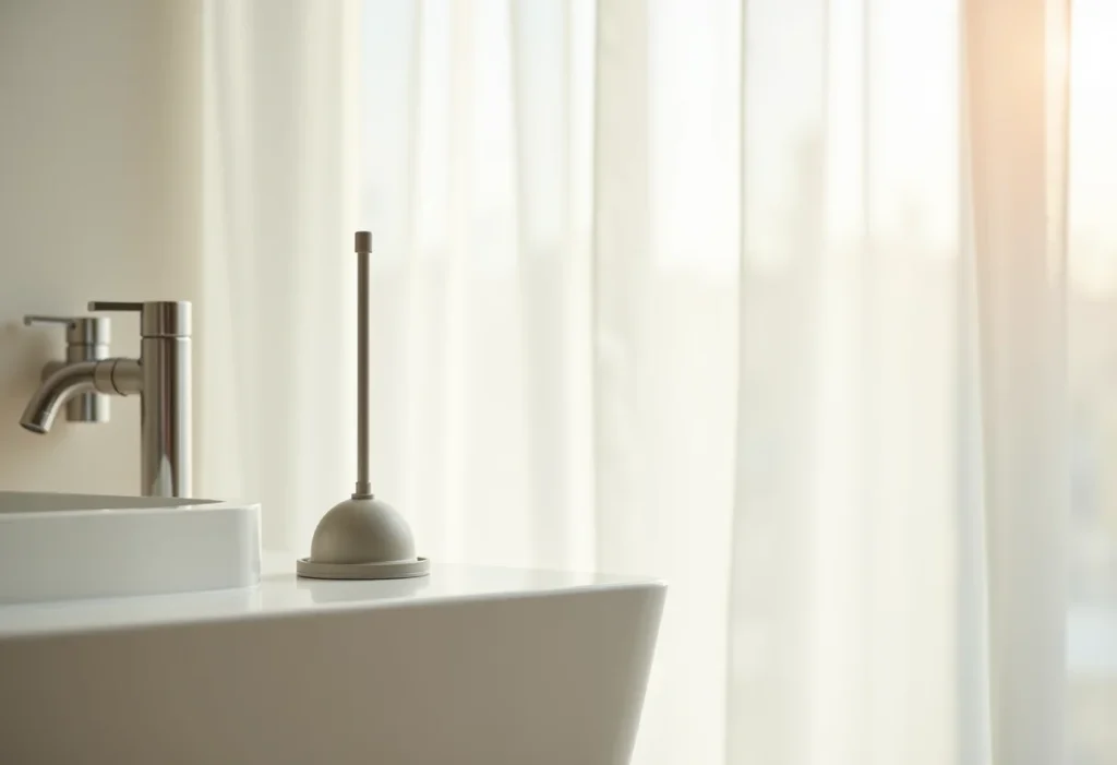 Vaso sanitário entupido NUNCA MAIS: truque simples e rápido Banheiro moderno com um desentupidor, representando a solução para vaso sanitário entupido