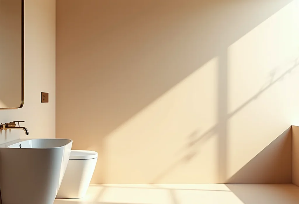 Banheiro pequeno bege com design minimalista.