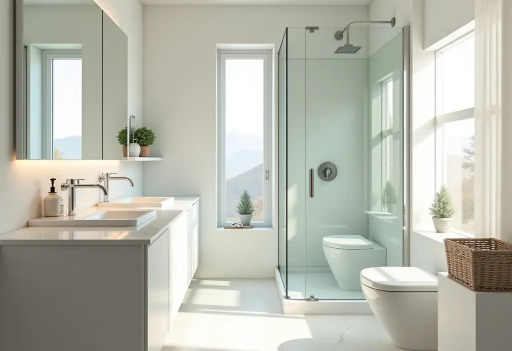 Banheiro pequeno com box: 7 erros que você não pode cometer Banheiro pequeno com box de vidro bem iluminado