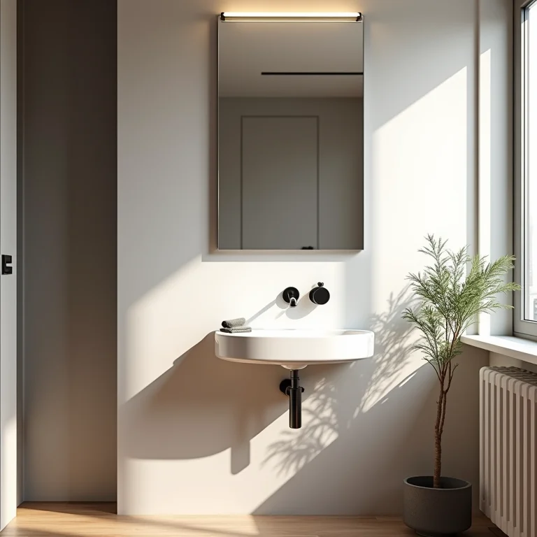 Banheiro pequeno com espelho armário otimizando o espaço