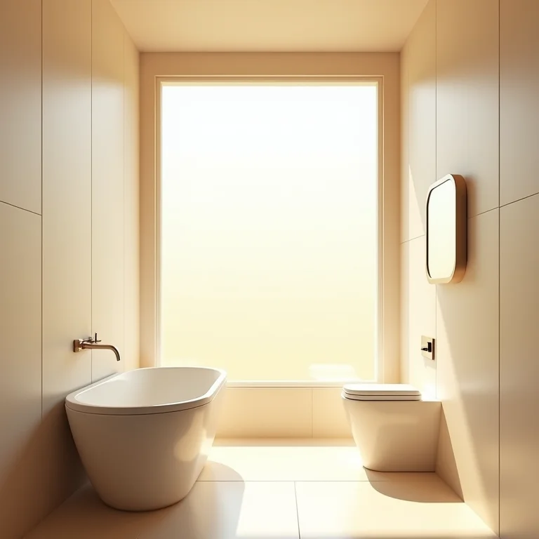 Banheiro pequeno com grande janela e luz natural.