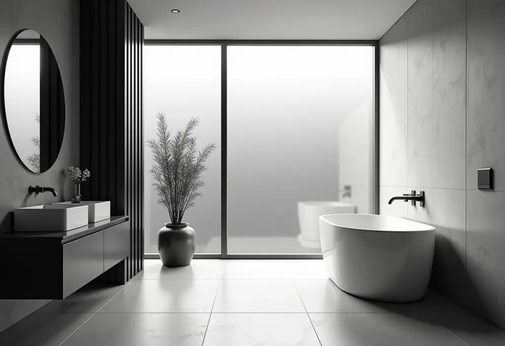 Banheiro pequeno preto e branco com design minimalista