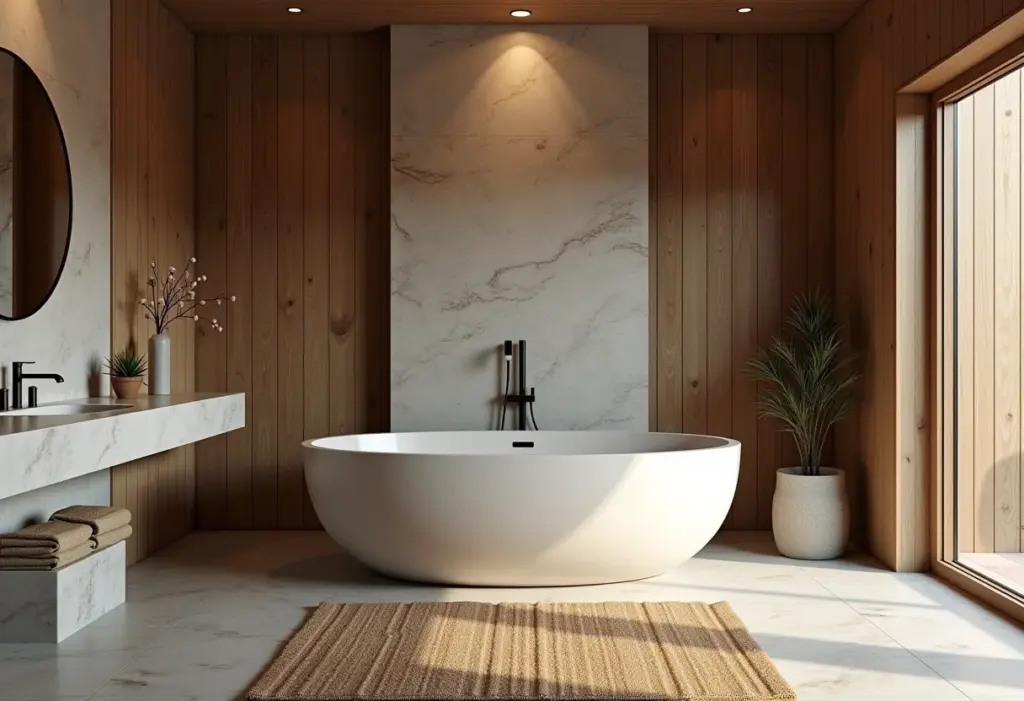 Banheiro rústico com banheira de pedra e madeira natural