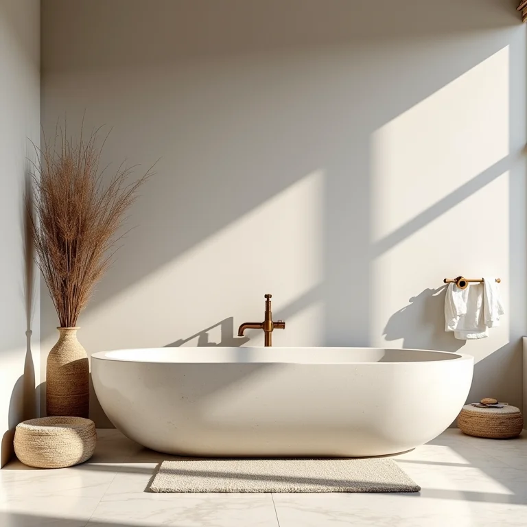 Banheiro rústico com elementos equilibrados