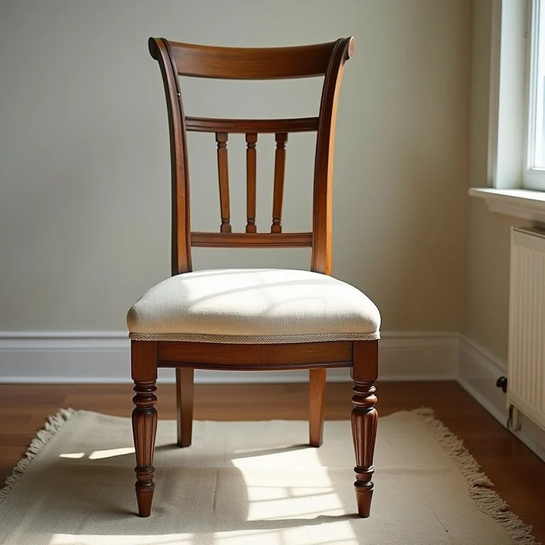 Cadeira de madeira vintage sendo restaurada com tinta nova e tecido.