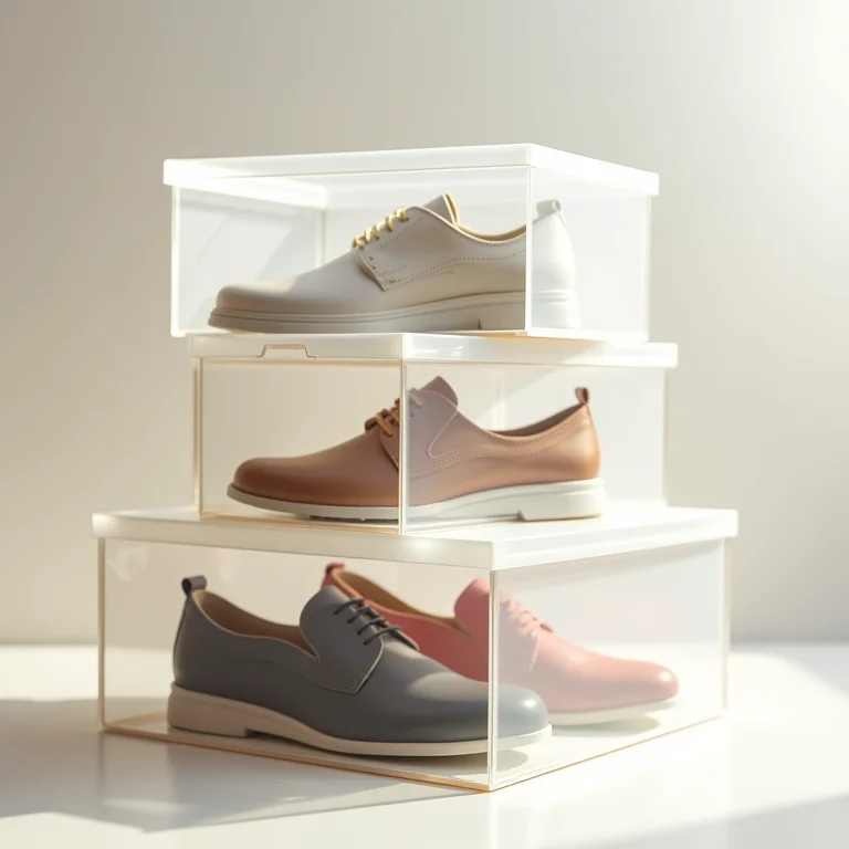 Caixas transparentes empilhadas com sapatos visíveis