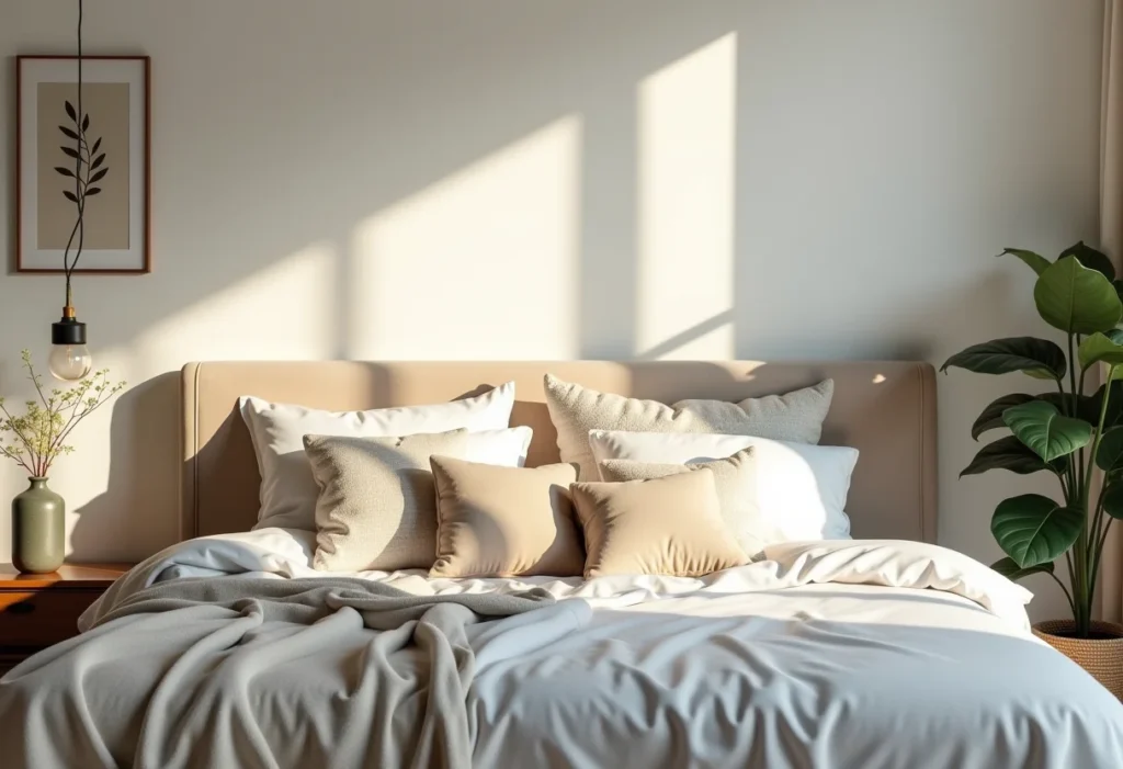Almofadas para cama: o guia definitivo para um sono perfeito Cama arrumada com diversas almofadas, iluminação suave e decoração minimalista.