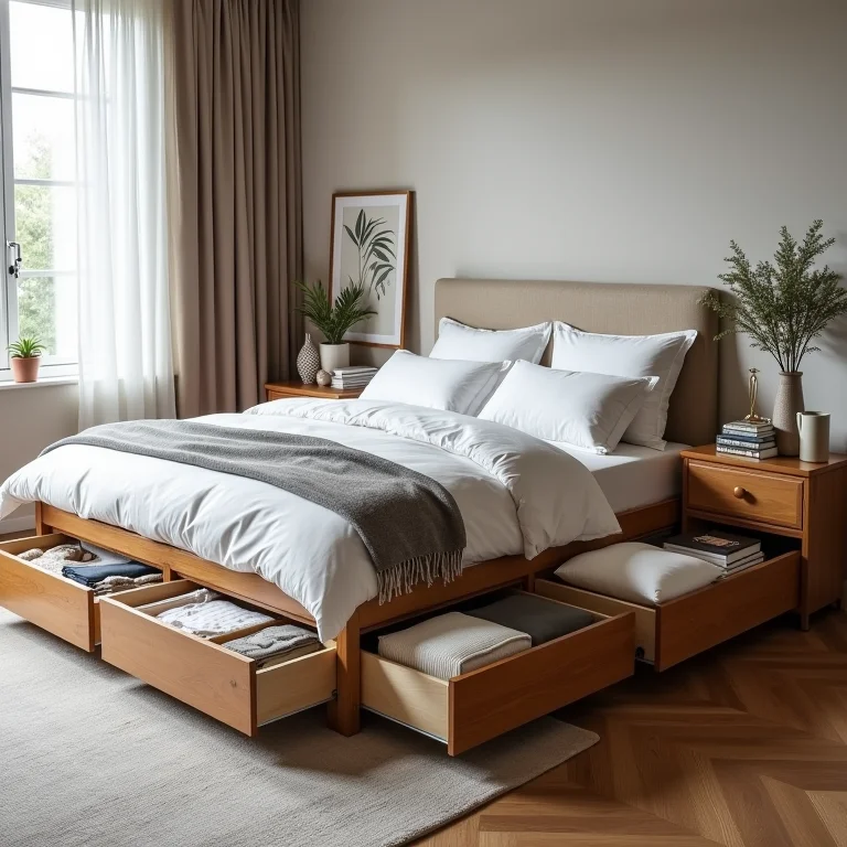 Cama com gavetas em quarto pequeno