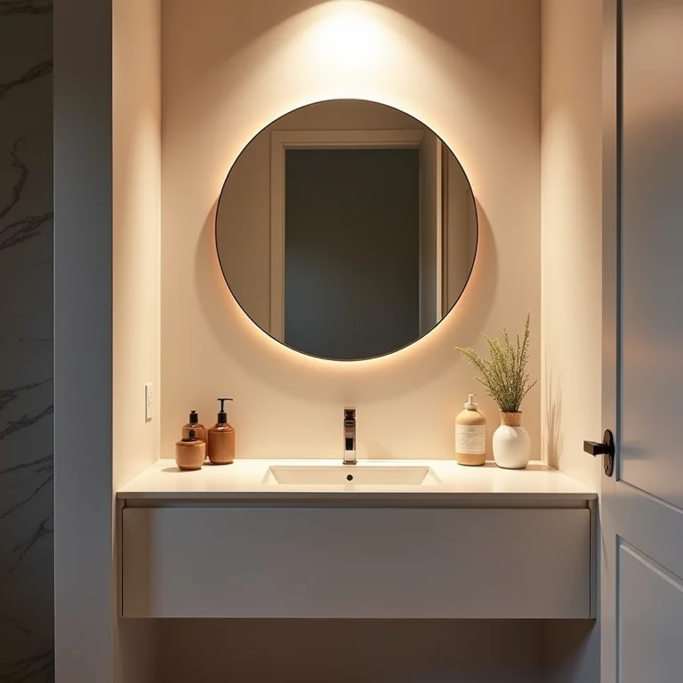 Camadas de iluminação em um banheiro minimalista