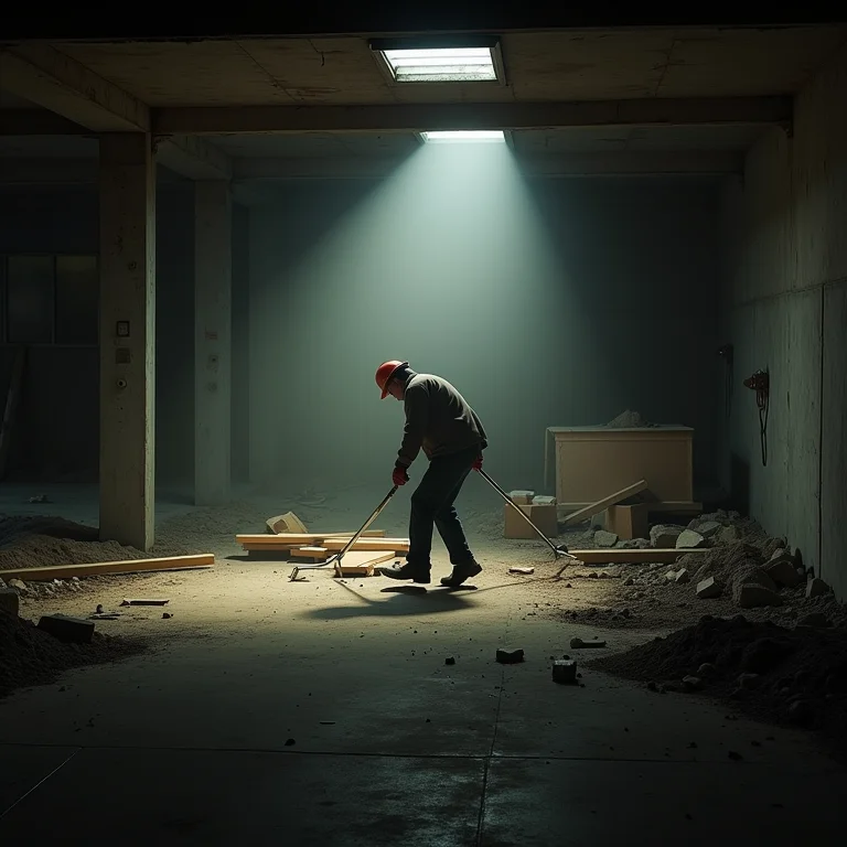 Canteiro de obras com iluminação inadequada, mostrando um trabalhador tropeçando.