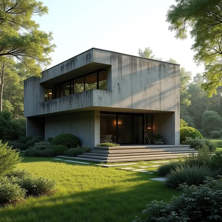 Casa brutalista integrada à paisagem natural com jardim exuberante.