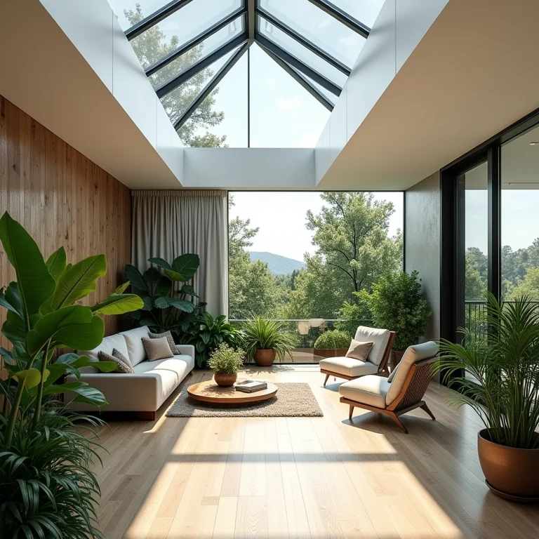 Casa sustentável com painéis solares e abertura zenital.