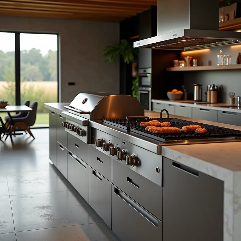 Churrasqueira moderna embutida em ilha de cozinha gourmet.