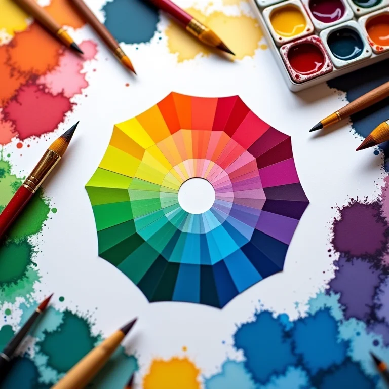 Círculo cromático com amostras de cores complementares