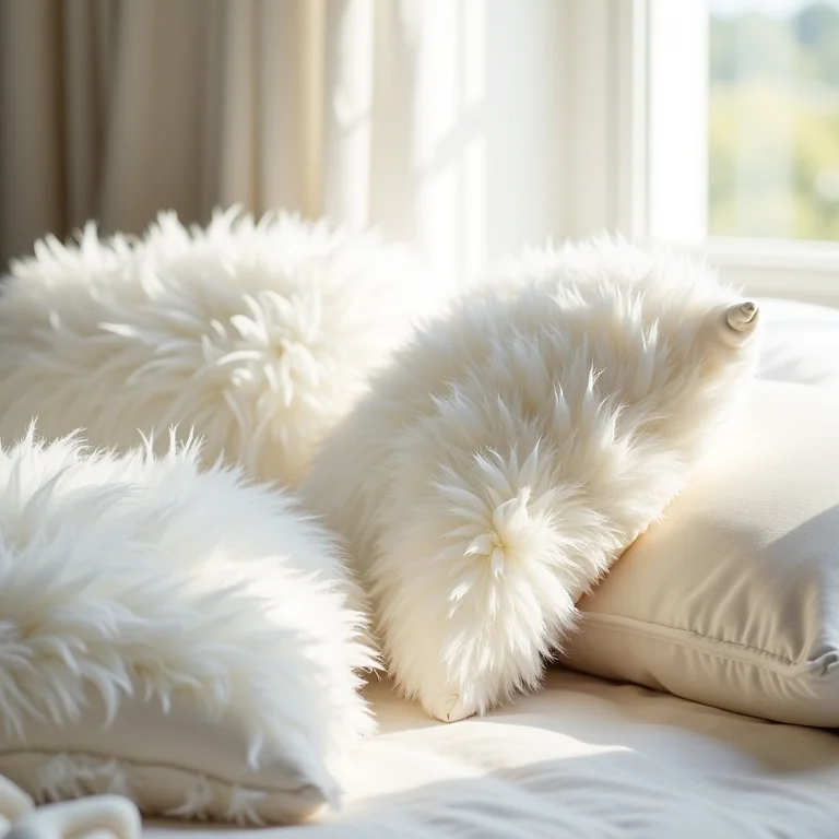 Close-up da textura macia e fofa de almofadas de penas e plumas.