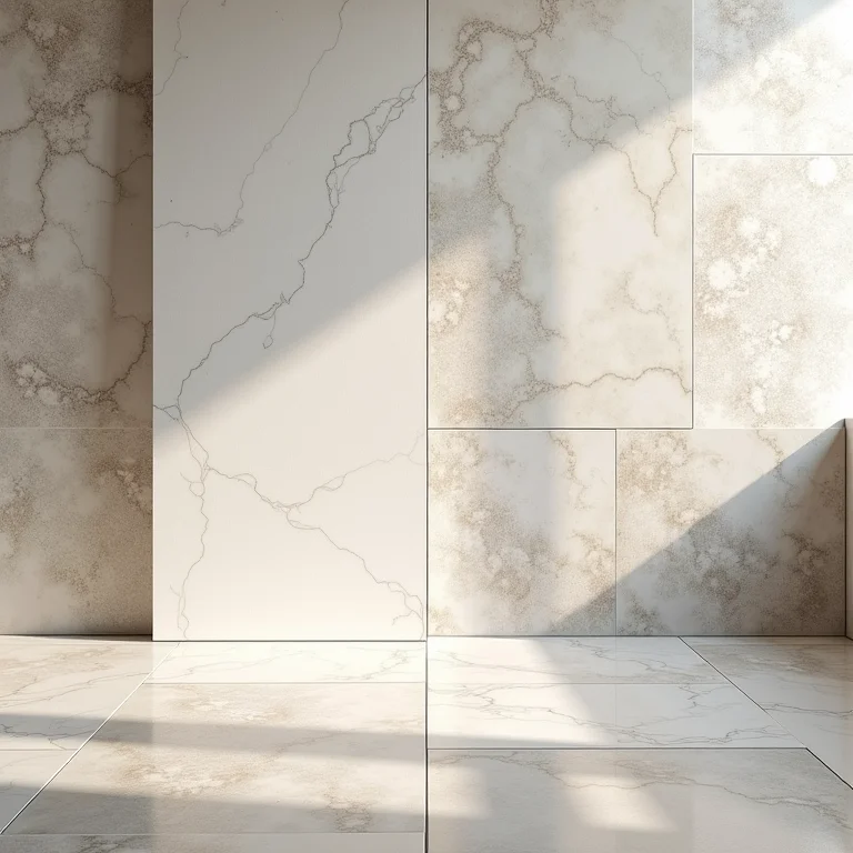 Close-up de diferentes tipos de porcelanato com padrões e texturas variadas