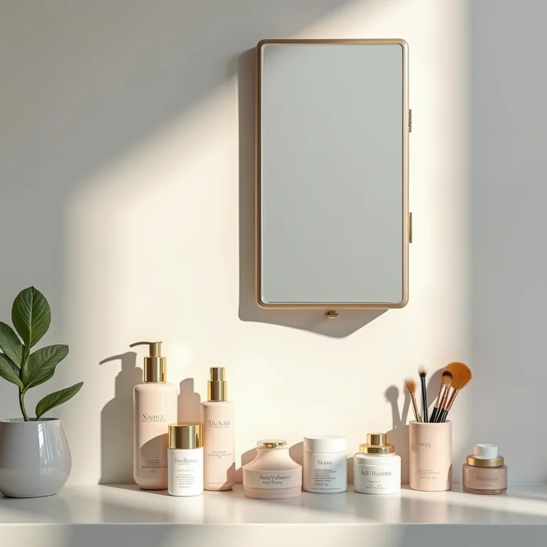 Close-up de um espelho armário organizado com produtos de beleza