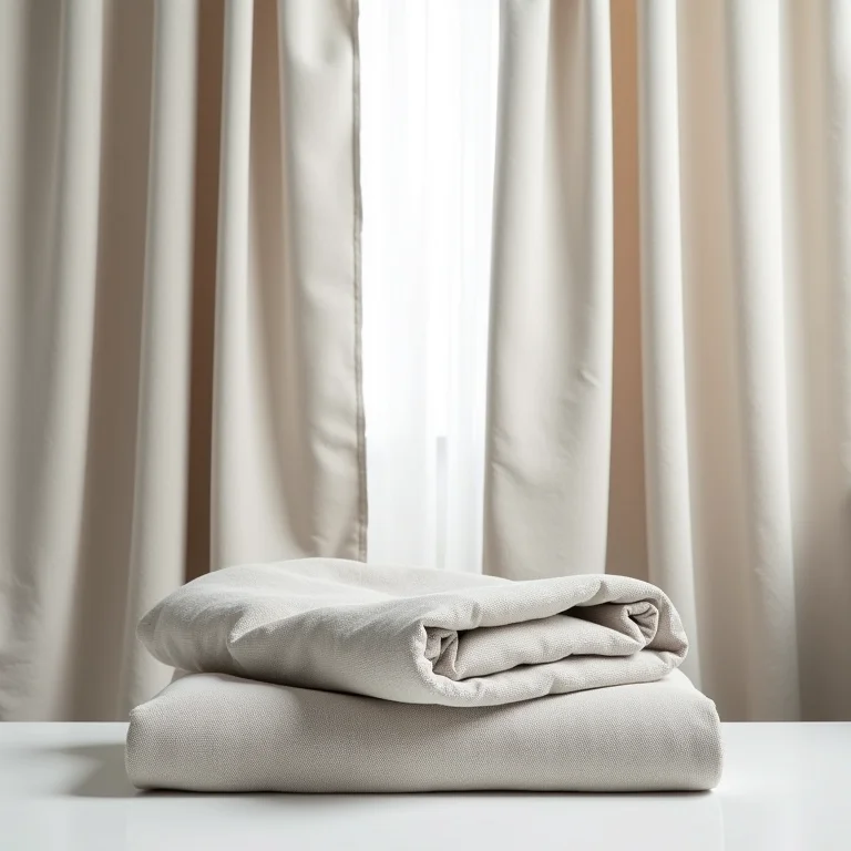 Close-up de uma cortina blecaute texturizada em cor neutra.