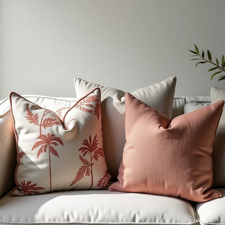Combinação harmoniosa de almofadas estampadas em um sofá.