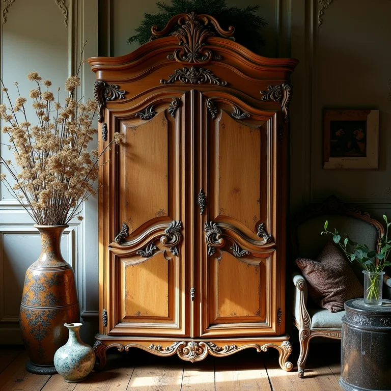 Cômoda provençal antiga com excesso de decoração falsa vintage