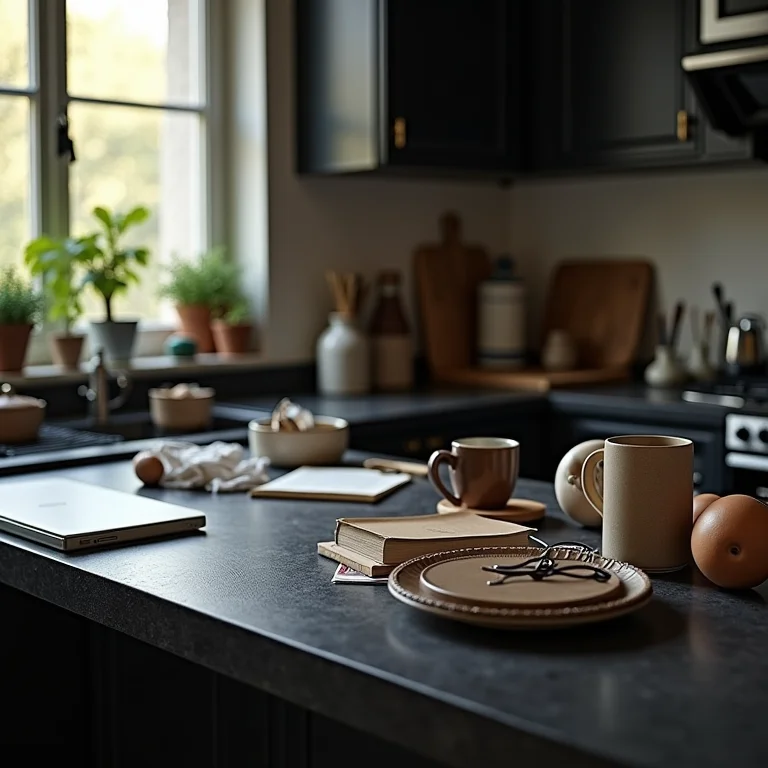 Comparativo de cozinha preta total organizada e desorganizada.
