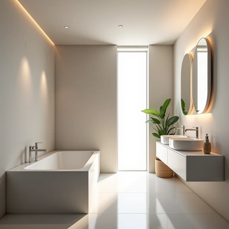 Comparativo de iluminação forte e suave em banheiro minimalista