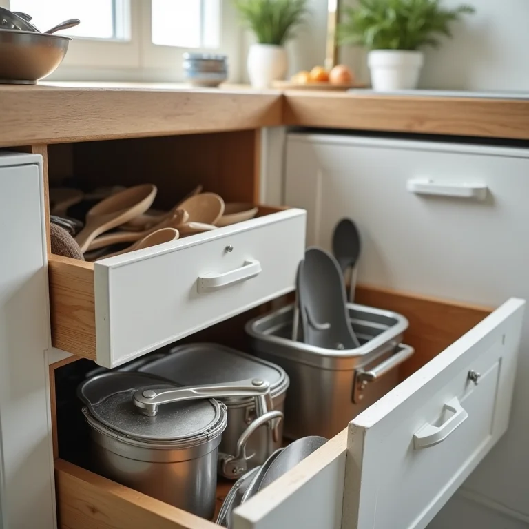 Comparativo de utensílios de cozinha desorganizados e organizados