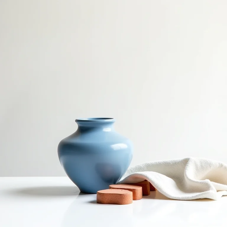 Composição de elementos mediterrâneos em azul, branco e terracota.