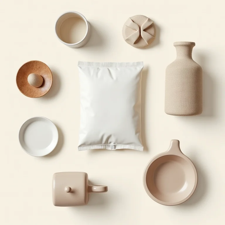 Composição minimalista com objetos de decoração em tons neutros.