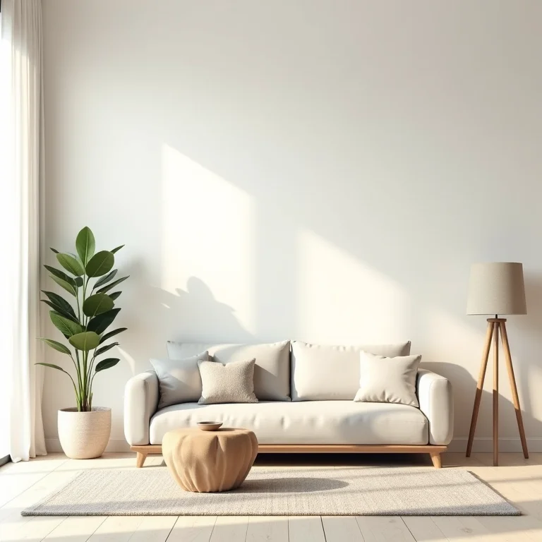 Conceito de sala de estar minimalista com poucos móveis e decoração essencial.