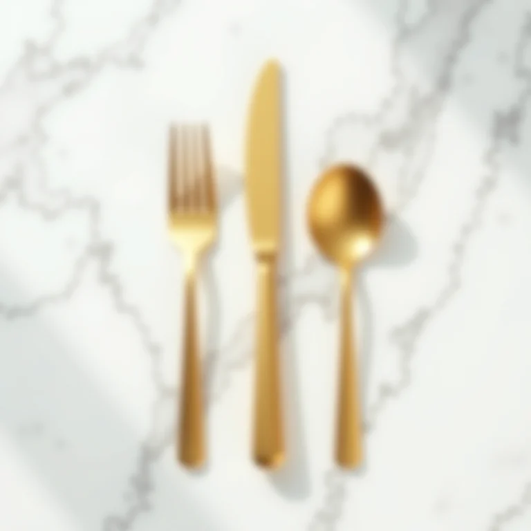 Conjunto de talheres dourados polidos sobre mármore branco