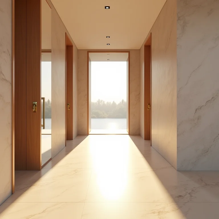 Corredor com espelho ampliando o espaço.