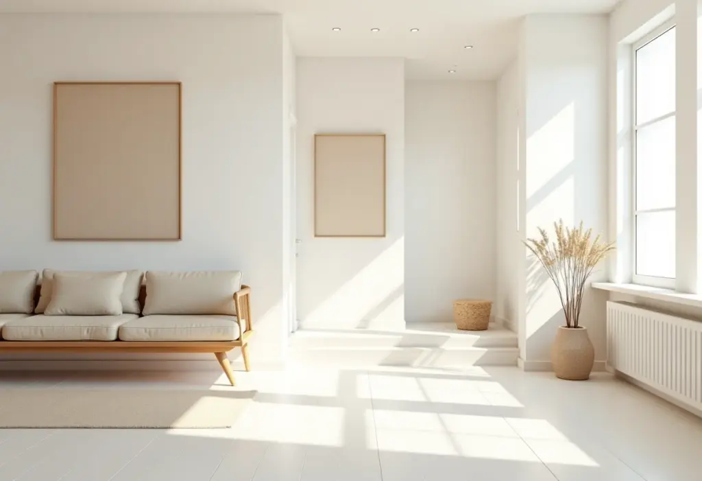 Corredor decorado com móveis minimalistas e arte.