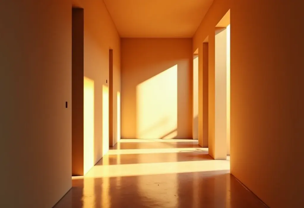 Corredor longo e bem iluminado com luz quente.