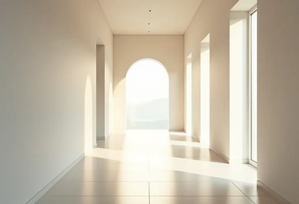 Corredor moderno com problemas de layout sendo sutilmente destacados.