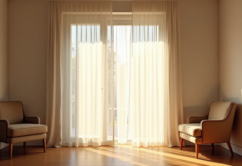 Cortina de tecido leve cobrindo parcialmente uma porta em sala de estar iluminada.