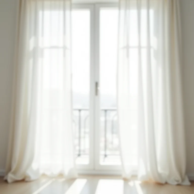 Cortinas brancas translúcidas em quarto minimalista.