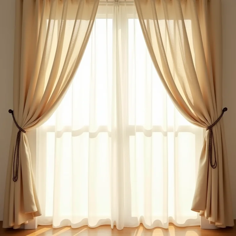 Cortinas de linho e persianas de bambu em uma janela, filtrando a luz solar.