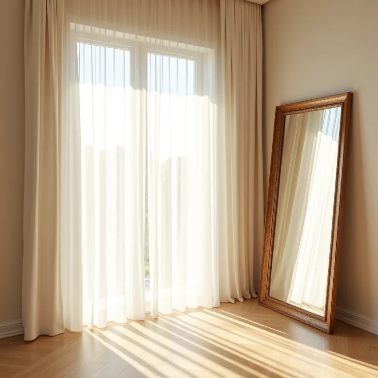 Cortinas translúcidas e espelho ampliando a iluminação e o espaço de um ambiente.