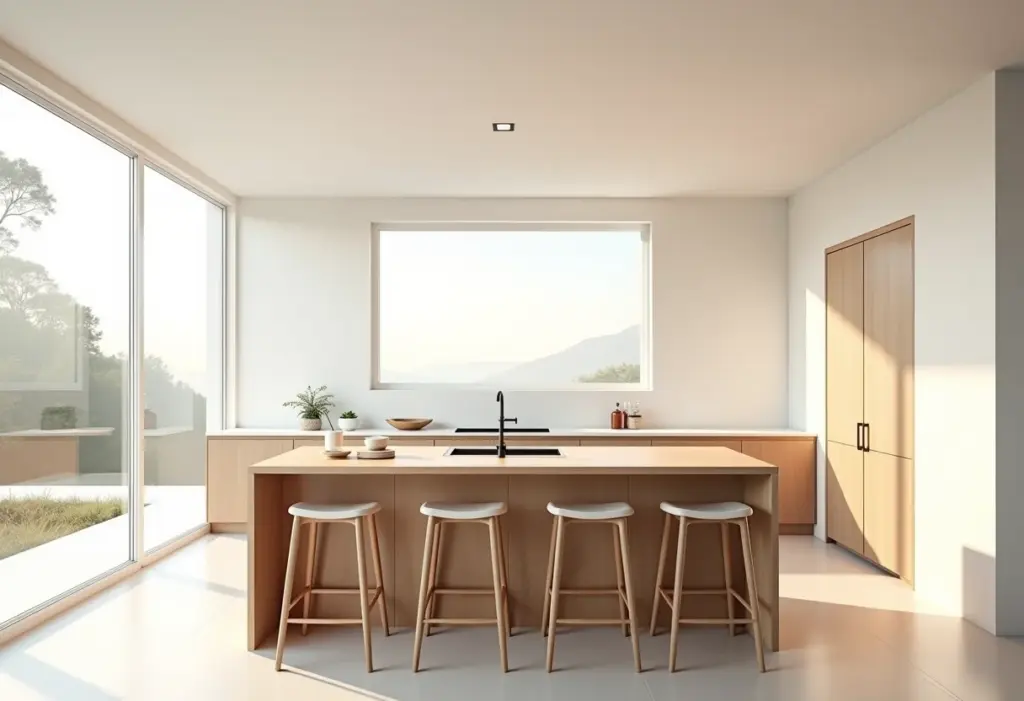 Cozinha americana com bancada de madeira: o segredo dos designers Cozinha americana com bancada de madeira clara e decoração minimalista.