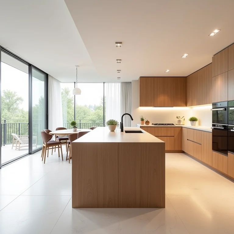 Cozinha ampla integrada com bancada de madeira.