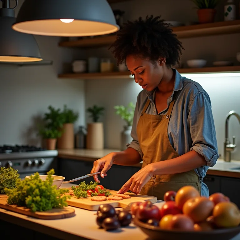 Cozinha bem iluminada com mulher preparando refeição