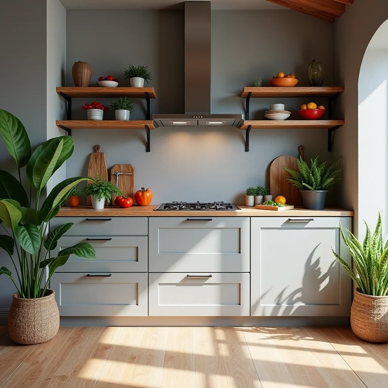 Cozinha cinza com toques de cor e texturas