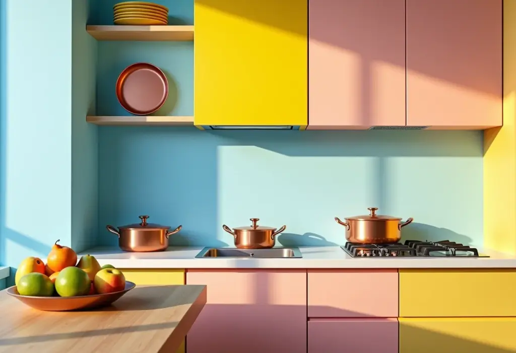 Cozinha colorida com armários em tons de azul, amarelo e rosa.