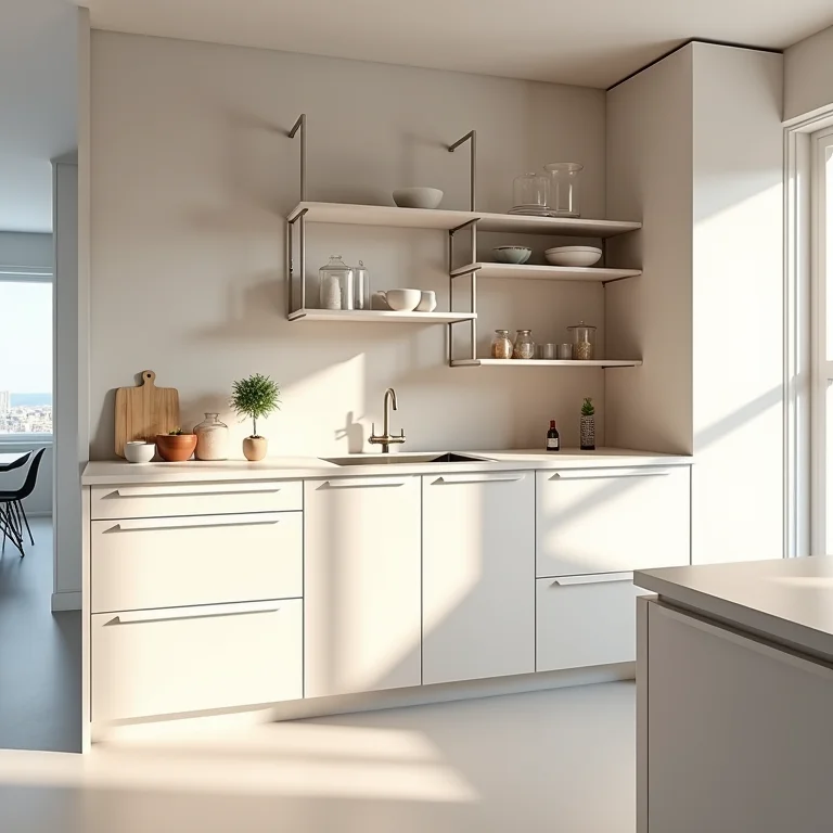 Cozinha com armários e prateleiras bem planejados